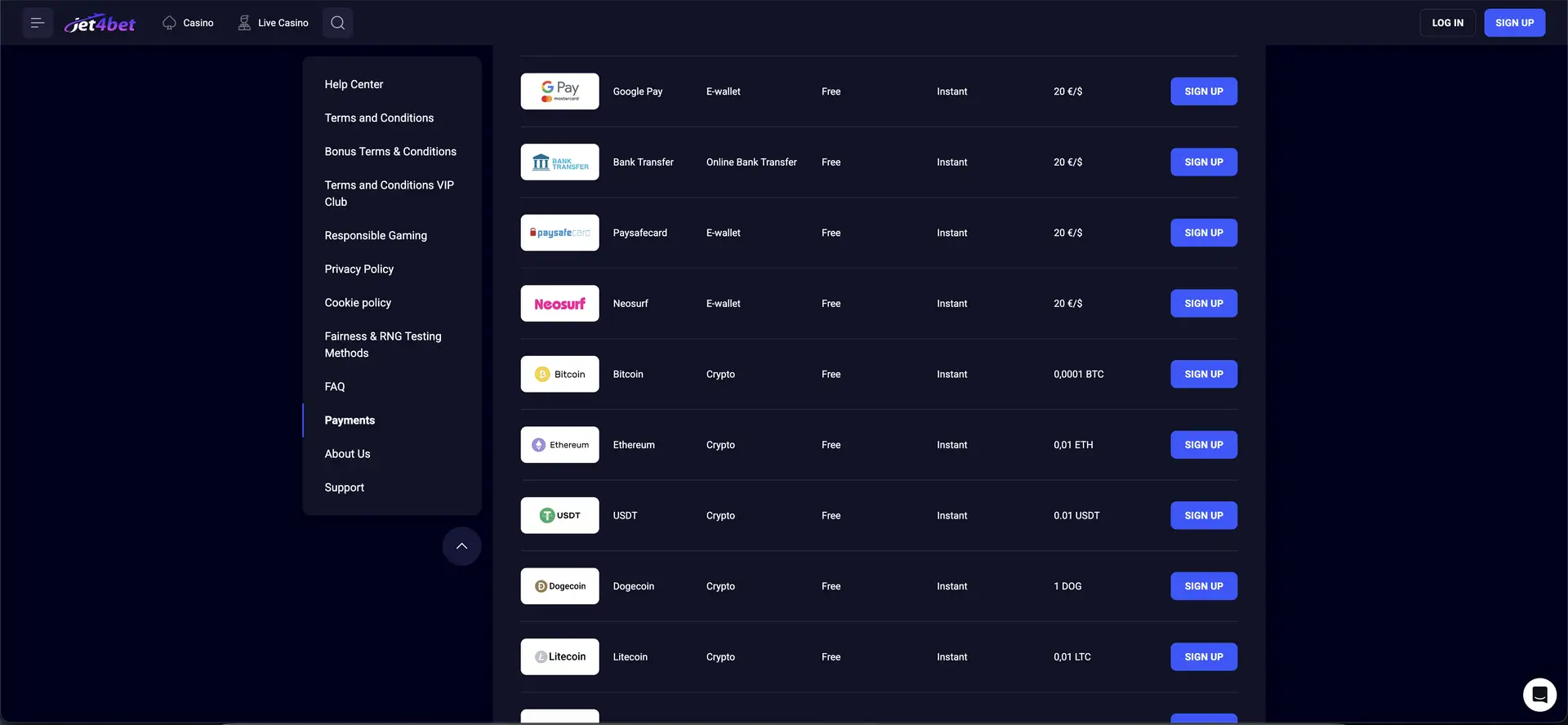 Jet4bet payment methods